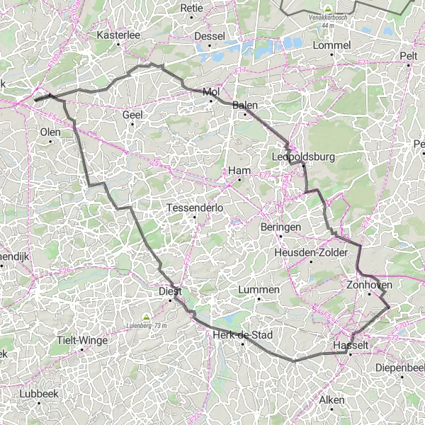 Miniatuurkaart van de fietsinspiratie "Historisch erfgoed en natuurpracht in Olen en Diest" in Prov. Antwerpen, Belgium. Gemaakt door de Tarmacs.app fietsrouteplanner