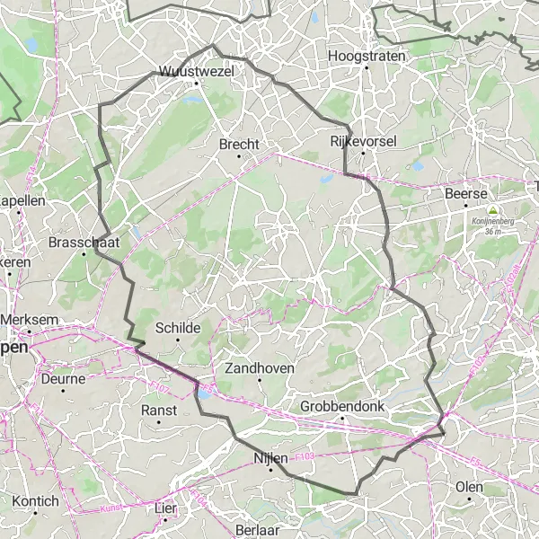 Miniatuurkaart van de fietsinspiratie "Historische Dorpen Route" in Prov. Antwerpen, Belgium. Gemaakt door de Tarmacs.app fietsrouteplanner