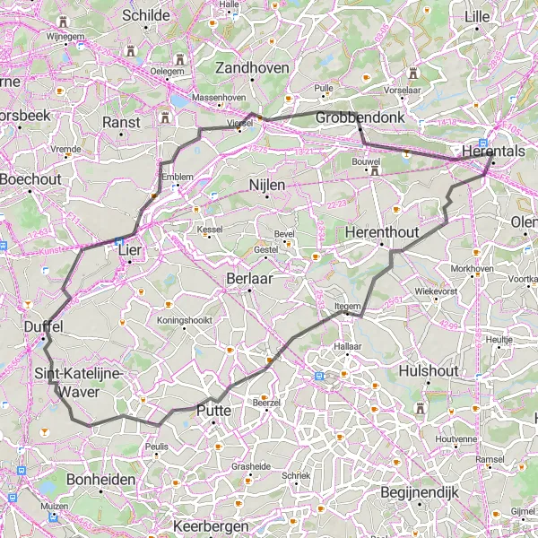 Miniatuurkaart van de fietsinspiratie "Historische route van Herentals naar Kasteel Le Paige" in Prov. Antwerpen, Belgium. Gemaakt door de Tarmacs.app fietsrouteplanner