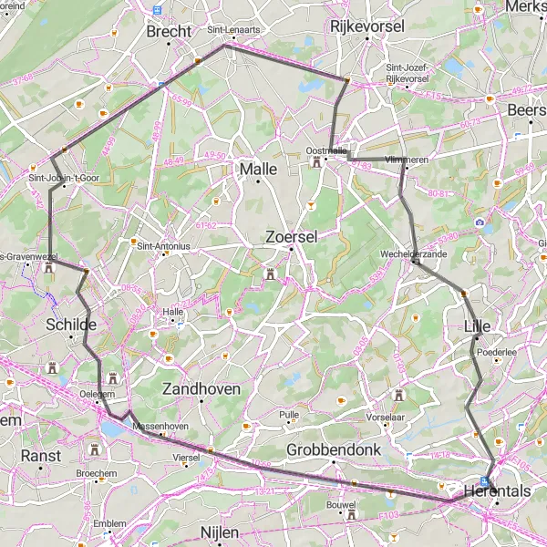 Map miniature of "Herentals - Viersel - Schilde - Sint-Lenaarts - Wechelderzande - Kasteel Le Paige - Herentals" cycling inspiration in Prov. Antwerpen, Belgium. Generated by Tarmacs.app cycling route planner