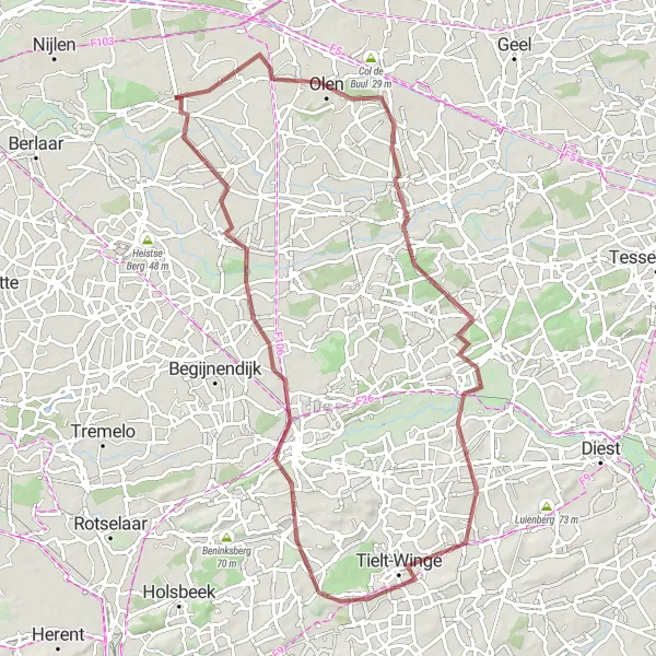 Map miniature of "Olen to Pandoerenhoeve Gravel Route" cycling inspiration in Prov. Antwerpen, Belgium. Generated by Tarmacs.app cycling route planner