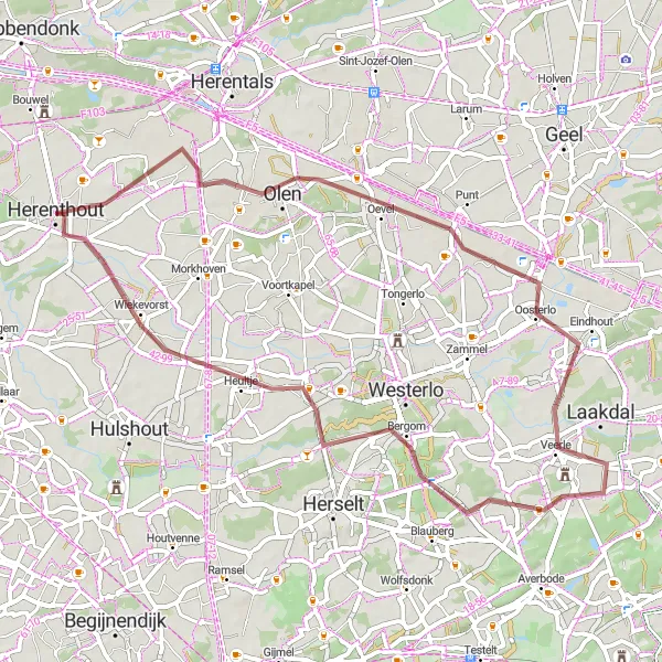 Miniatuurkaart van de fietsinspiratie "Avontuurlijke gravelroute door het groene landschap" in Prov. Antwerpen, Belgium. Gemaakt door de Tarmacs.app fietsrouteplanner