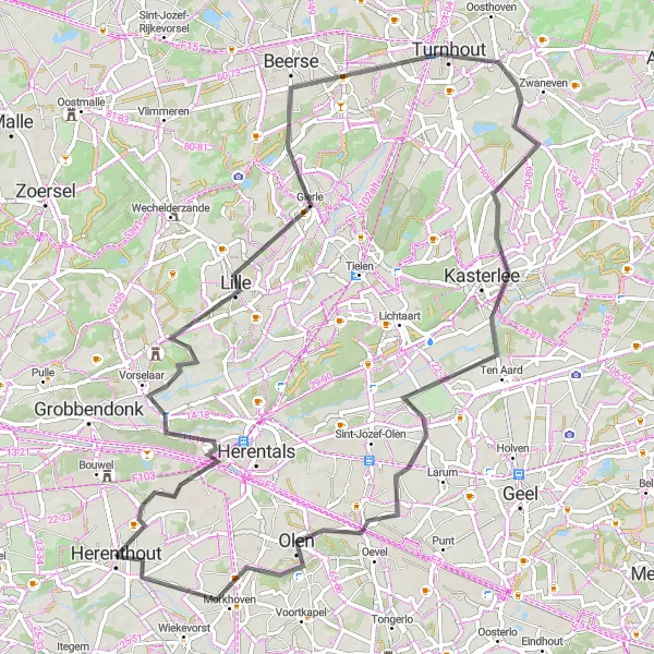 Miniature de la carte de l'inspiration cycliste "La richesse architecturale de la région" dans la Prov. Antwerpen, Belgium. Générée par le planificateur d'itinéraire cycliste Tarmacs.app