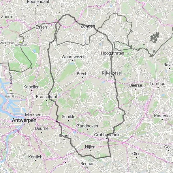 Miniature de la carte de l'inspiration cycliste "La campagne flamande pittoresque" dans la Prov. Antwerpen, Belgium. Générée par le planificateur d'itinéraire cycliste Tarmacs.app