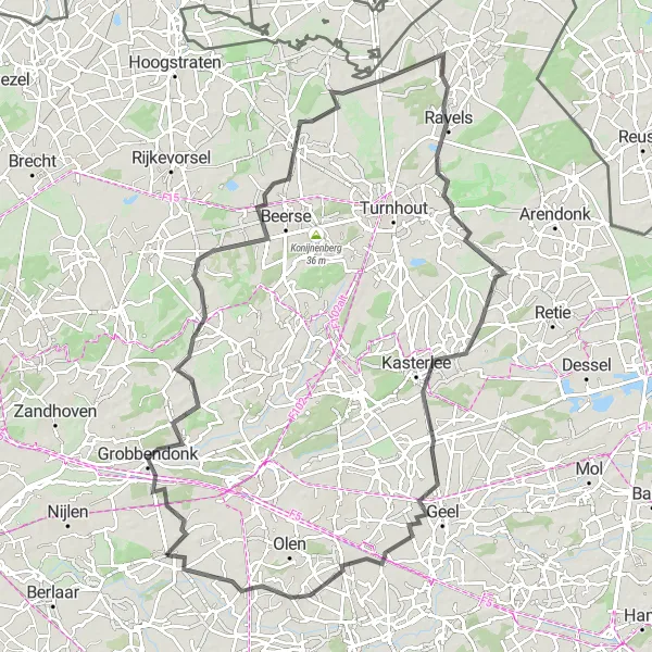 Miniature de la carte de l'inspiration cycliste "Parcours à vélo Route Herenthout - Zwaneven" dans la Prov. Antwerpen, Belgium. Générée par le planificateur d'itinéraire cycliste Tarmacs.app