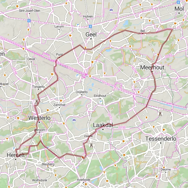 Karten-Miniaturansicht der Radinspiration "Gravel-Tour durch Vorst und Meerhout" in Prov. Antwerpen, Belgium. Erstellt vom Tarmacs.app-Routenplaner für Radtouren