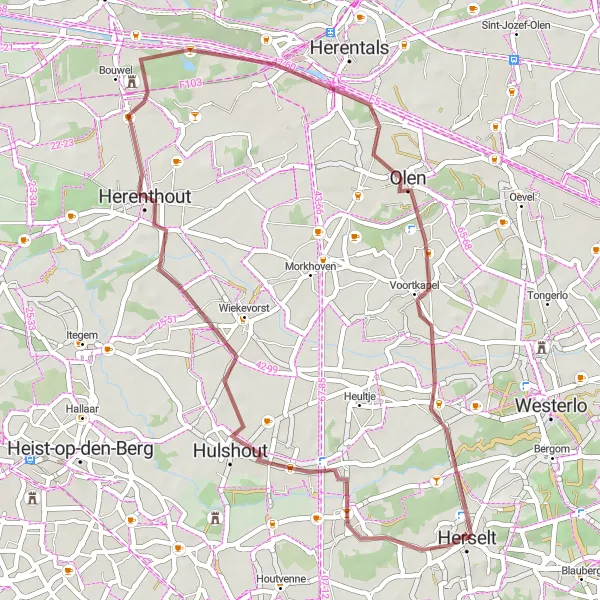 Miniatuurkaart van de fietsinspiratie "Westmeerbeek en Oosterwijk Graveltocht" in Prov. Antwerpen, Belgium. Gemaakt door de Tarmacs.app fietsrouteplanner