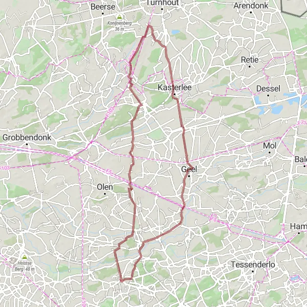 Karten-Miniaturansicht der Radinspiration "Gravel-Rundfahrt durch Kasterlee und Oevel" in Prov. Antwerpen, Belgium. Erstellt vom Tarmacs.app-Routenplaner für Radtouren