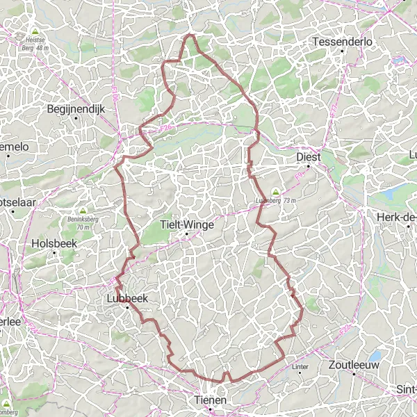 Miniature de la carte de l'inspiration cycliste "Parcours gravel de 86 km près de Herselt" dans la Prov. Antwerpen, Belgium. Générée par le planificateur d'itinéraire cycliste Tarmacs.app