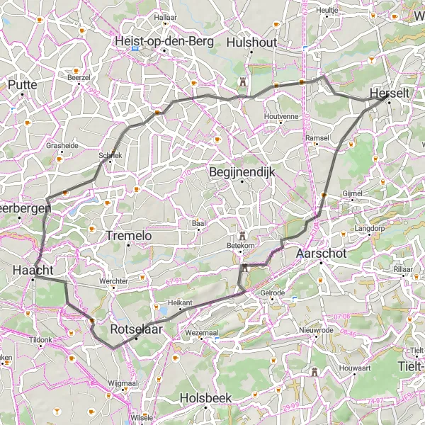 Miniature de la carte de l'inspiration cycliste "Parcours pittoresque de 50 km près de Herselt" dans la Prov. Antwerpen, Belgium. Générée par le planificateur d'itinéraire cycliste Tarmacs.app