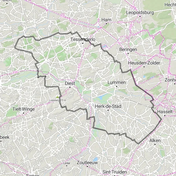 Miniature de la carte de l'inspiration cycliste "Circuit aventureux de 104 km près de Herselt" dans la Prov. Antwerpen, Belgium. Générée par le planificateur d'itinéraire cycliste Tarmacs.app