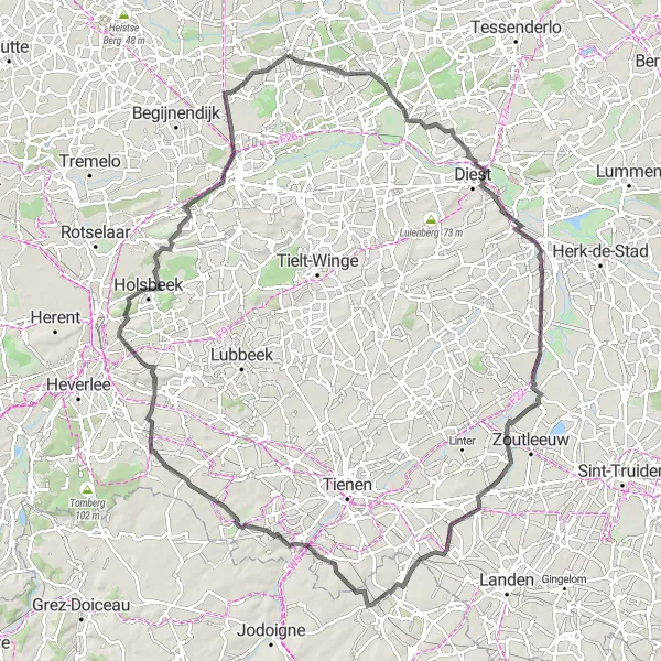 Map miniature of "Budingen Adventure" cycling inspiration in Prov. Antwerpen, Belgium. Generated by Tarmacs.app cycling route planner