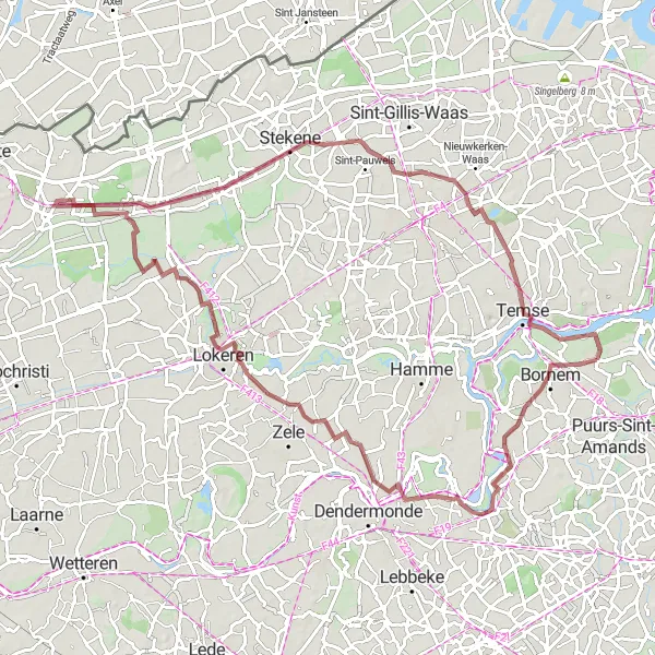 Miniature de la carte de l'inspiration cycliste "Les sentiers de gravier de Bornem et Daknam" dans la Prov. Antwerpen, Belgium. Générée par le planificateur d'itinéraire cycliste Tarmacs.app