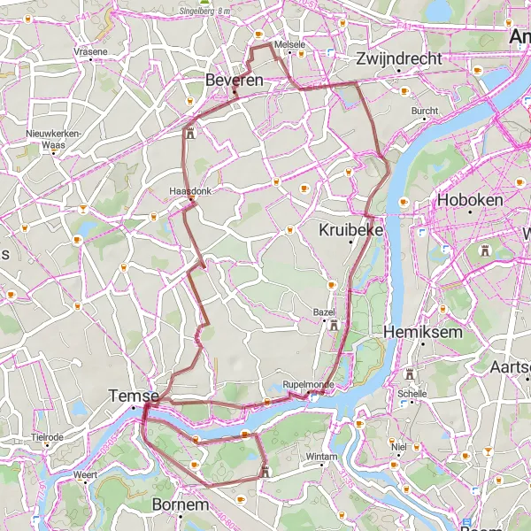 Miniature de la carte de l'inspiration cycliste "Gravel Adventure: Heritage Trail" dans la Prov. Antwerpen, Belgium. Générée par le planificateur d'itinéraire cycliste Tarmacs.app