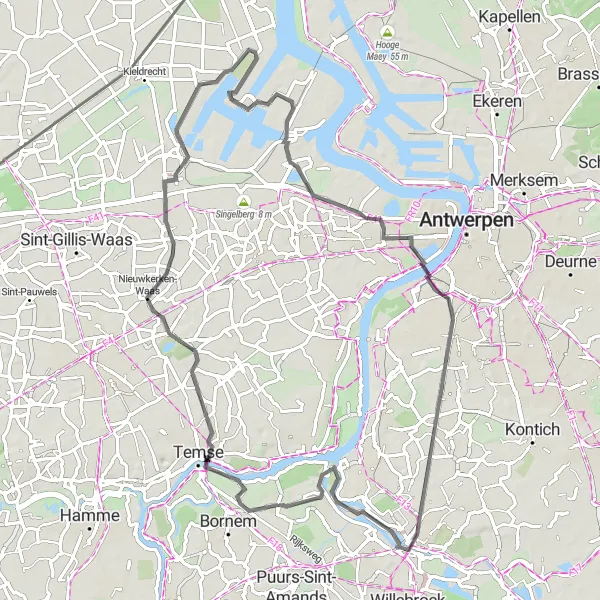 Map miniature of "The Hingene Heritage Loop" cycling inspiration in Prov. Antwerpen, Belgium. Generated by Tarmacs.app cycling route planner