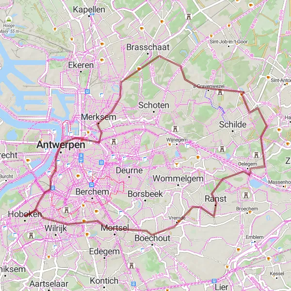 Miniatuurkaart van de fietsinspiratie "Graveltocht van Antwerpen naar Oelegem" in Prov. Antwerpen, Belgium. Gemaakt door de Tarmacs.app fietsrouteplanner