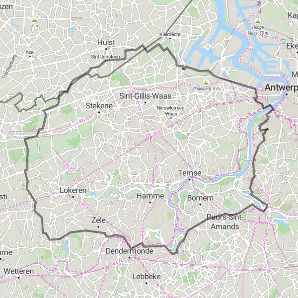 Miniatuurkaart van de fietsinspiratie "Langs Puurs en Dendermonde" in Prov. Antwerpen, Belgium. Gemaakt door de Tarmacs.app fietsrouteplanner