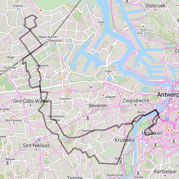 Map miniature of "Antwerp Polders" cycling inspiration in Prov. Antwerpen, Belgium. Generated by Tarmacs.app cycling route planner