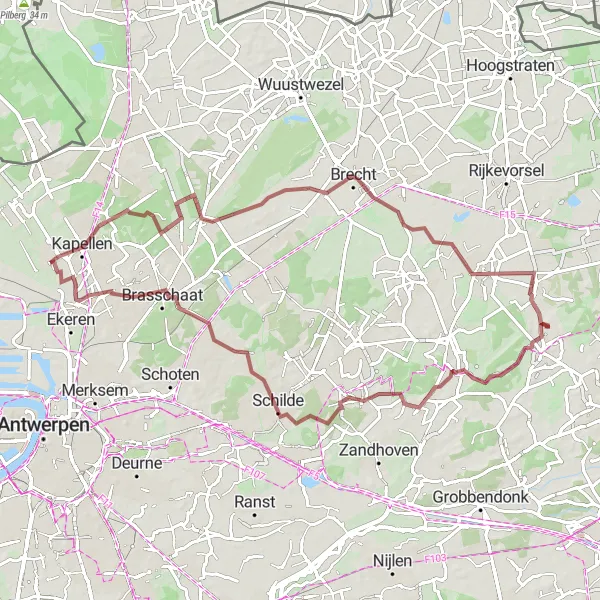 Karten-Miniaturansicht der Radinspiration "Gravel-Rundfahrt von Hoevenen nach 's-Gravenwezel" in Prov. Antwerpen, Belgium. Erstellt vom Tarmacs.app-Routenplaner für Radtouren