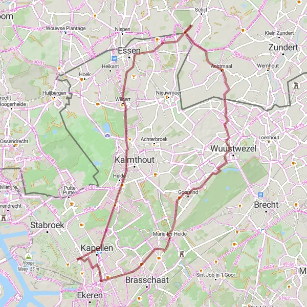 Karten-Miniaturansicht der Radinspiration "Abenteuerliche Gravelroute um Hoevenen" in Prov. Antwerpen, Belgium. Erstellt vom Tarmacs.app-Routenplaner für Radtouren