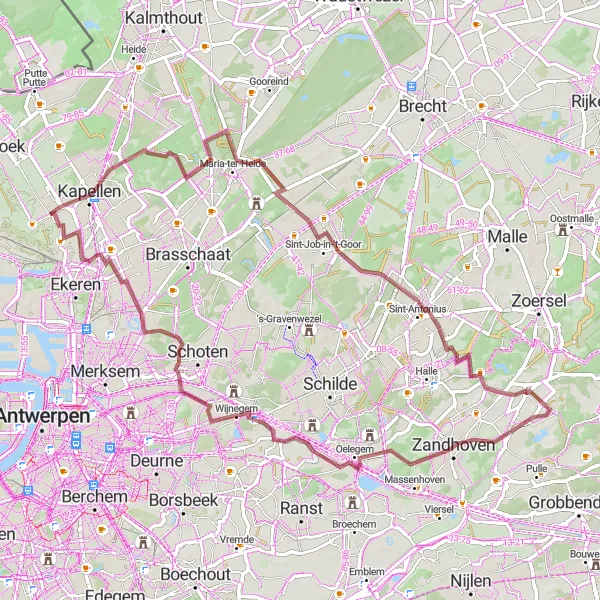 Miniatuurkaart van de fietsinspiratie "Gravelroute langs Sint-Antonius en Wijnegem" in Prov. Antwerpen, Belgium. Gemaakt door de Tarmacs.app fietsrouteplanner