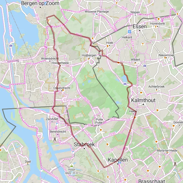 Karten-Miniaturansicht der Radinspiration "Gravel-Rundfahrt von Hoevenen nach Kapellen" in Prov. Antwerpen, Belgium. Erstellt vom Tarmacs.app-Routenplaner für Radtouren