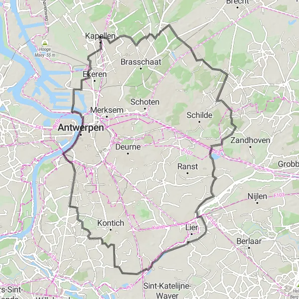 Map miniature of "Road Cycling Route from Hoevenen" cycling inspiration in Prov. Antwerpen, Belgium. Generated by Tarmacs.app cycling route planner