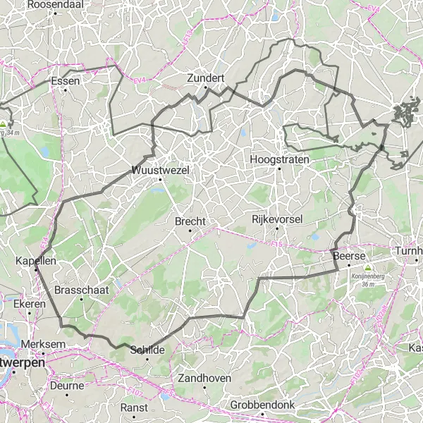 Miniatuurkaart van de fietsinspiratie "Wegroute naar Oostmalle en Schoten" in Prov. Antwerpen, Belgium. Gemaakt door de Tarmacs.app fietsrouteplanner