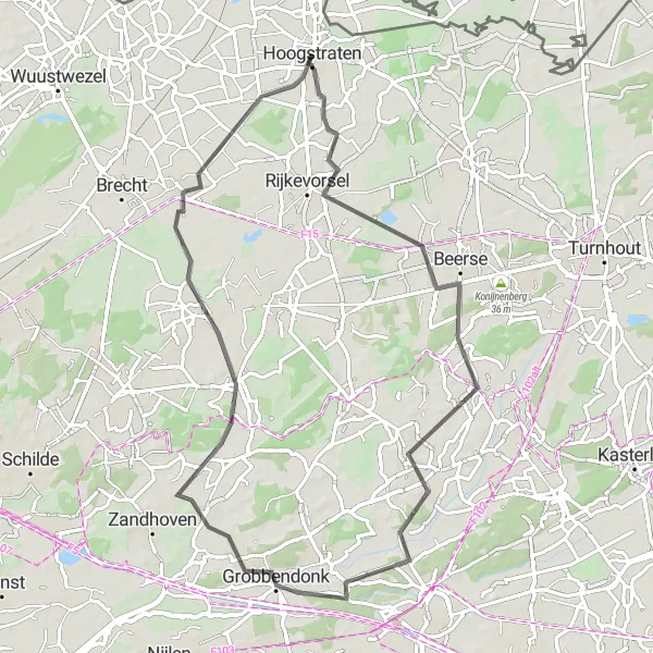 Map miniature of "Hoogstraten to Sint-Lenaarts" cycling inspiration in Prov. Antwerpen, Belgium. Generated by Tarmacs.app cycling route planner