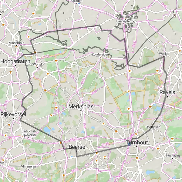Miniature de la carte de l'inspiration cycliste "La Route des Châteaux près de Hoogstraten" dans la Prov. Antwerpen, Belgium. Générée par le planificateur d'itinéraire cycliste Tarmacs.app