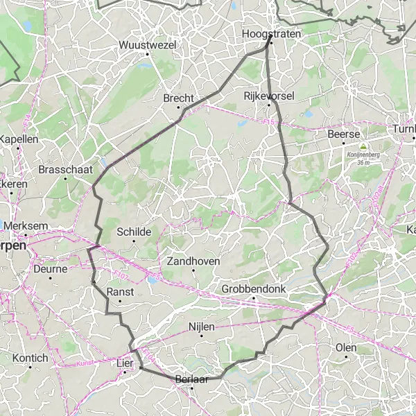 Map miniature of "Hoogstraten to Sint-Lenaarts Extended" cycling inspiration in Prov. Antwerpen, Belgium. Generated by Tarmacs.app cycling route planner