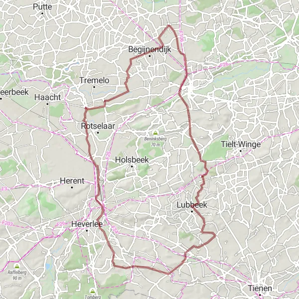 Map miniature of "Houtvenne to Watertoren Bierbeek Gravel Route" cycling inspiration in Prov. Antwerpen, Belgium. Generated by Tarmacs.app cycling route planner