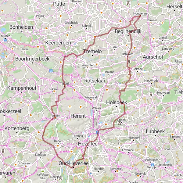 Map miniature of "Houtvenne to Beninksberg Gravel Adventure" cycling inspiration in Prov. Antwerpen, Belgium. Generated by Tarmacs.app cycling route planner