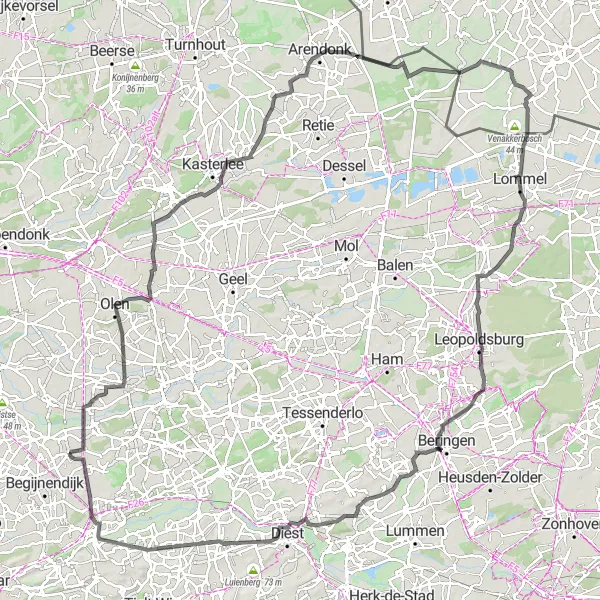 Karten-Miniaturansicht der Radinspiration "Roadtrip von Houtvenne: Eine epische 137 km lange Fahrt" in Prov. Antwerpen, Belgium. Erstellt vom Tarmacs.app-Routenplaner für Radtouren