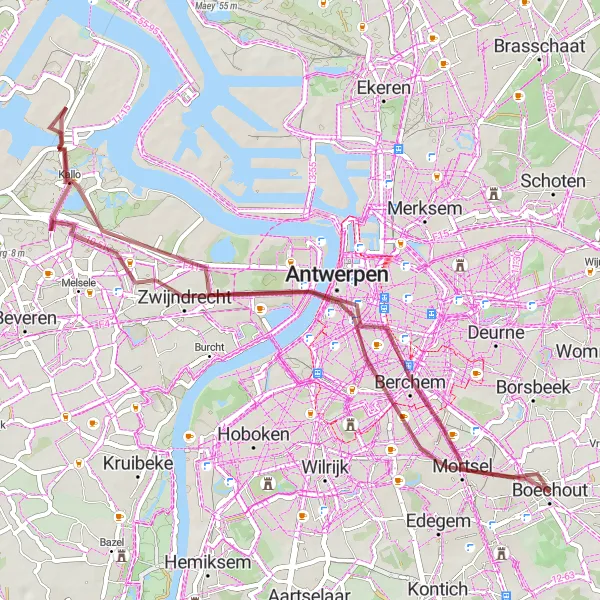 Miniatuurkaart van de fietsinspiratie "Gravelavontuur in Antwerpen" in Prov. Antwerpen, Belgium. Gemaakt door de Tarmacs.app fietsrouteplanner