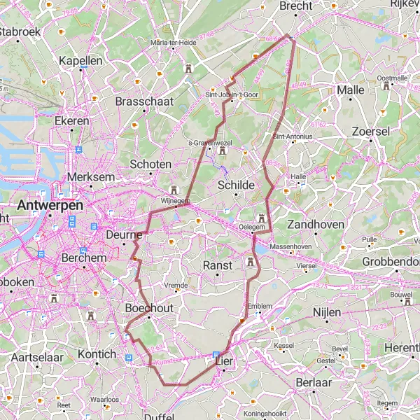 Map miniature of "Scenic Gravel Route through 's-Gravenwezel" cycling inspiration in Prov. Antwerpen, Belgium. Generated by Tarmacs.app cycling route planner