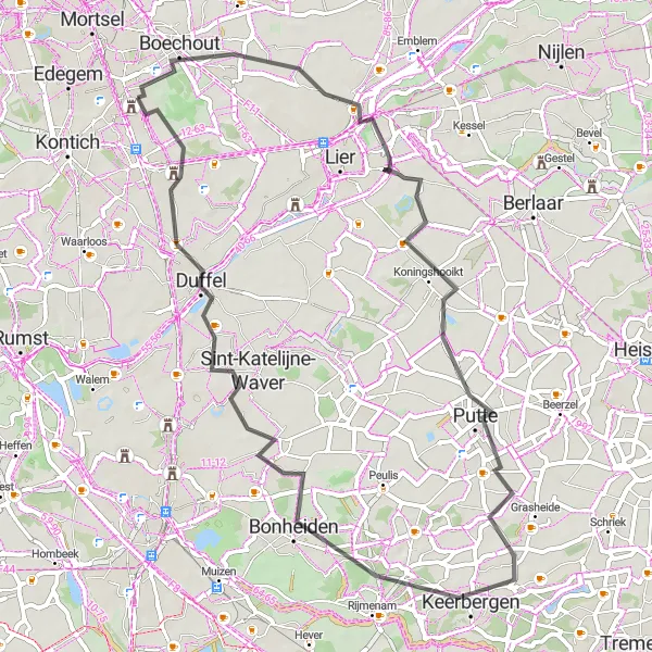 Map miniature of "Boechout, Koningshooikt, Jutse plassen, Bonheiden, Duffel, Kasteel Weyninckhoven" cycling inspiration in Prov. Antwerpen, Belgium. Generated by Tarmacs.app cycling route planner