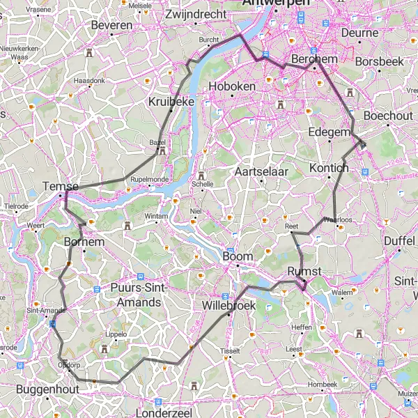 Map miniature of "Watertoren, Heindonk, Breendonk, Bornem, Kruibeke, Mortsel" cycling inspiration in Prov. Antwerpen, Belgium. Generated by Tarmacs.app cycling route planner