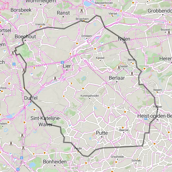 Miniature de la carte de l'inspiration cycliste "Escapade Campagnarde" dans la Prov. Antwerpen, Belgium. Générée par le planificateur d'itinéraire cycliste Tarmacs.app