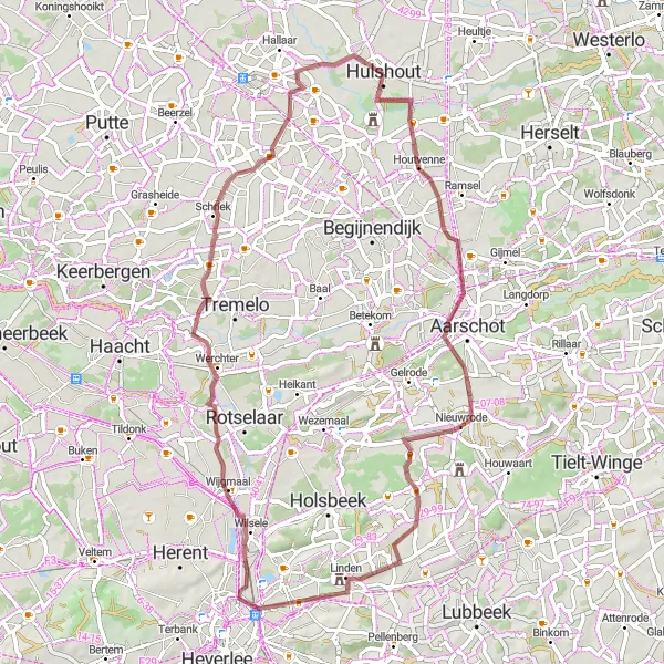 Miniature de la carte de l'inspiration cycliste "Circuit des collines de Houtvenne" dans la Prov. Antwerpen, Belgium. Générée par le planificateur d'itinéraire cycliste Tarmacs.app