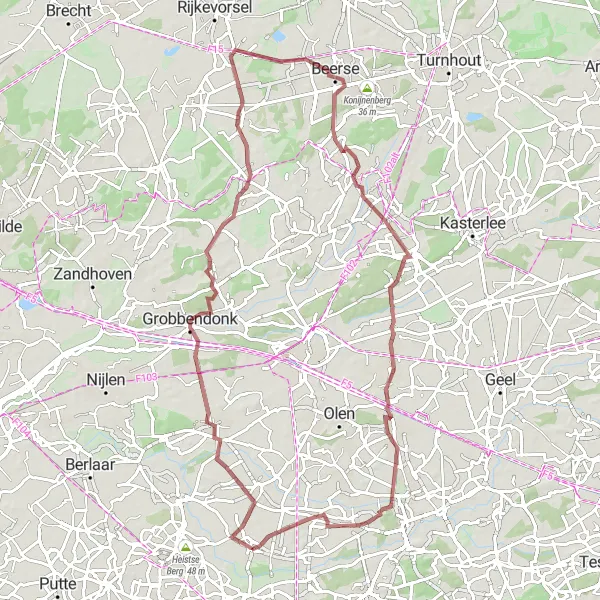 Karten-Miniaturansicht der Radinspiration "Rundfahrt um Hulshout und Bruggeneinde" in Prov. Antwerpen, Belgium. Erstellt vom Tarmacs.app-Routenplaner für Radtouren