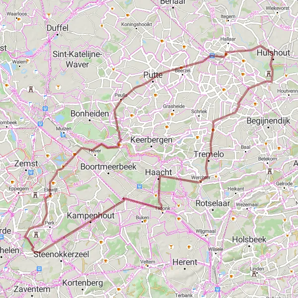 Karten-Miniaturansicht der Radinspiration "Gravelroute Hulshout - Booischot - Grootlo - Elewijt - Rijmenam - Beerzelberg - Pandoerenhoeve" in Prov. Antwerpen, Belgium. Erstellt vom Tarmacs.app-Routenplaner für Radtouren