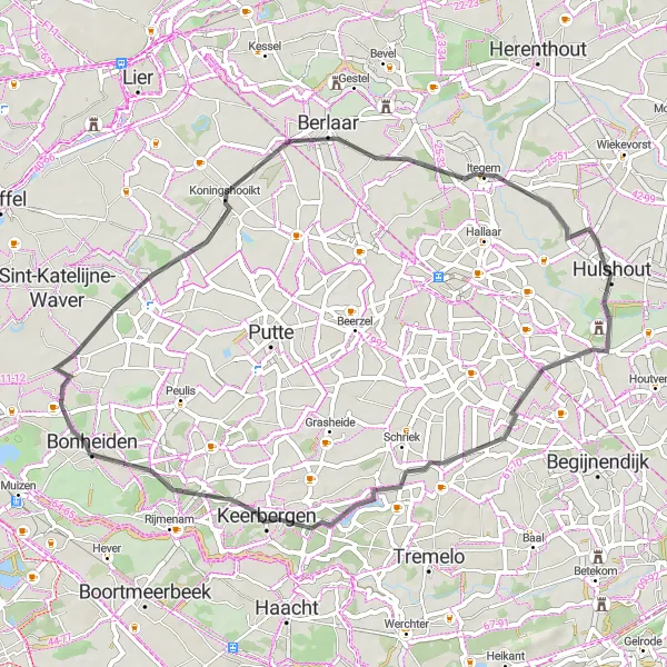Karten-Miniaturansicht der Radinspiration "Rundfahrt von Hulshout nach Itegem" in Prov. Antwerpen, Belgium. Erstellt vom Tarmacs.app-Routenplaner für Radtouren