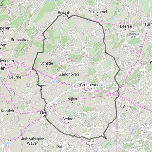 Map miniature of "Antwerp Road Adventure" cycling inspiration in Prov. Antwerpen, Belgium. Generated by Tarmacs.app cycling route planner