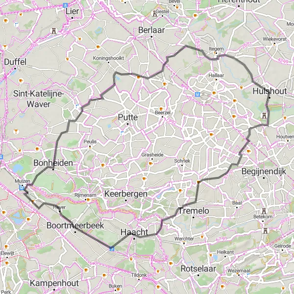 Map miniature of "Classic Road Cycling" cycling inspiration in Prov. Antwerpen, Belgium. Generated by Tarmacs.app cycling route planner