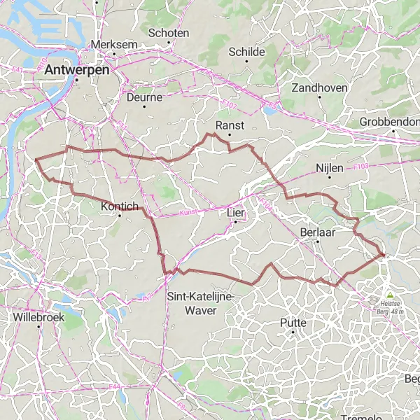 Miniature de la carte de l'inspiration cycliste "Circuit de Gravel autour d'Itegem" dans la Prov. Antwerpen, Belgium. Générée par le planificateur d'itinéraire cycliste Tarmacs.app