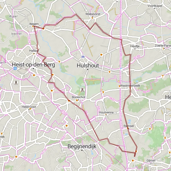 Miniatuurkaart van de fietsinspiratie "Gravelroute langs Westmeerbeek en Hallaar" in Prov. Antwerpen, Belgium. Gemaakt door de Tarmacs.app fietsrouteplanner