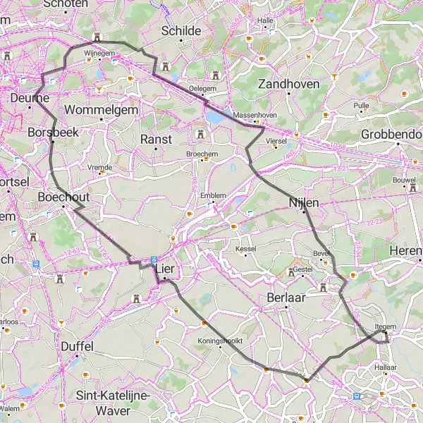 Miniatuurkaart van de fietsinspiratie "Fietsroute rond Itegem en omgeving" in Prov. Antwerpen, Belgium. Gemaakt door de Tarmacs.app fietsrouteplanner