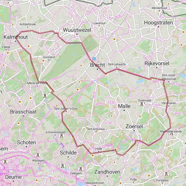 Map miniature of "Gravel Route to Kalmthout" cycling inspiration in Prov. Antwerpen, Belgium. Generated by Tarmacs.app cycling route planner
