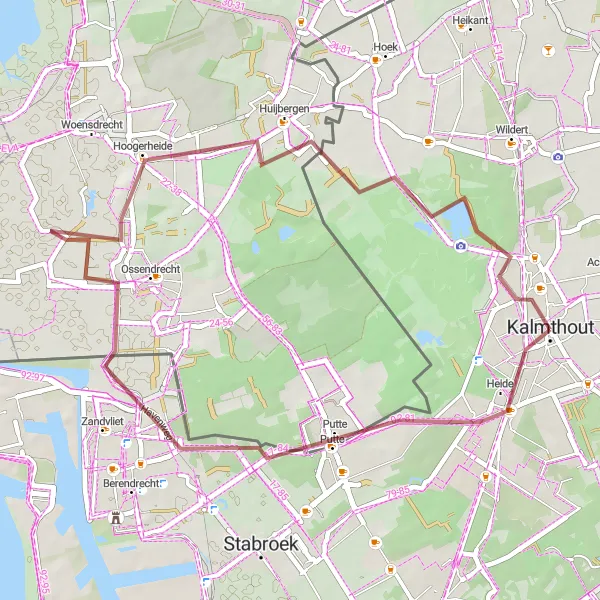 Miniature de la carte de l'inspiration cycliste "Exploration des environs de Kalmthout à vélo" dans la Prov. Antwerpen, Belgium. Générée par le planificateur d'itinéraire cycliste Tarmacs.app